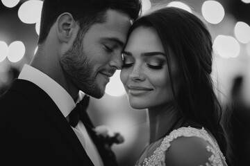 A black and white portrait captures a groom and bride in an intimate embrace, highlighting their love and devotion, surrounded by romantic glowing lights.