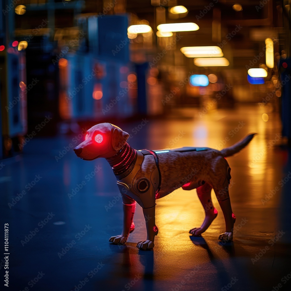 Poster robotic dog interaction tech lab digital media futuristic environment close-up view innovation conce