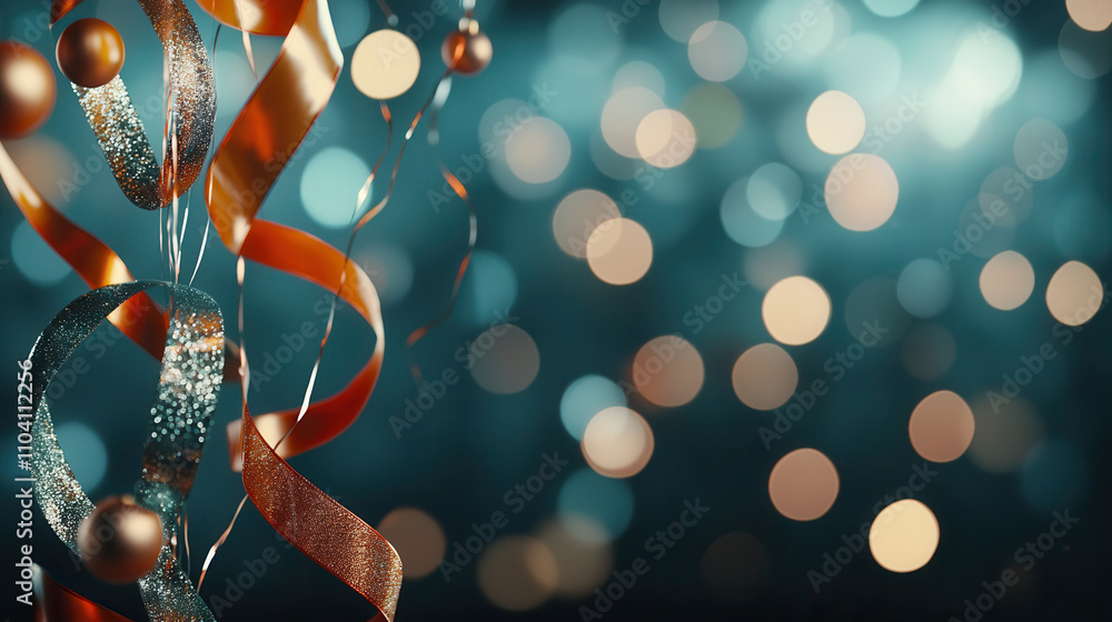 Poster festive ribbons and ornaments create joyful atmosphere with sparkling bokeh lights in background, pe
