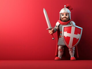 Obraz premium A Cartoon Knight in 3D Style Holding a Sword and Shield Against a Red Background, Ideal for Fantasy Themes and Child-Friendly Designs