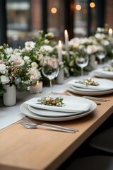 Fototapeta premium An intimate dinner setting illuminated with candles and adorned with delicate white flower arrangements, creating a romantic and luxurious dining atmosphere captured perfectly.