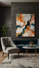 Abstract marble painting in a room interior.