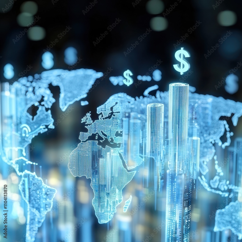 Poster financial growth visualization with global map digital data analysis business environment tech persp