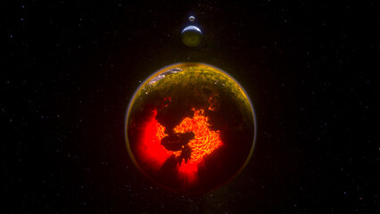 Obraz premium 3d render of surreal with astronomy science big stone hot sphere planet with volcanos crators and red lava with yellow atmosphere and yellow clouds in dark space with stars on back 