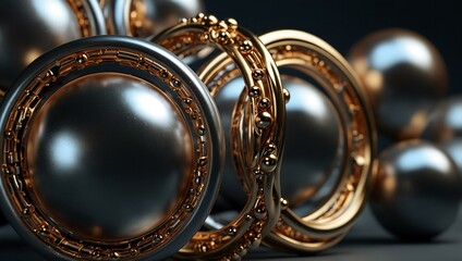 Abstract metallic rings and spheres in motion.