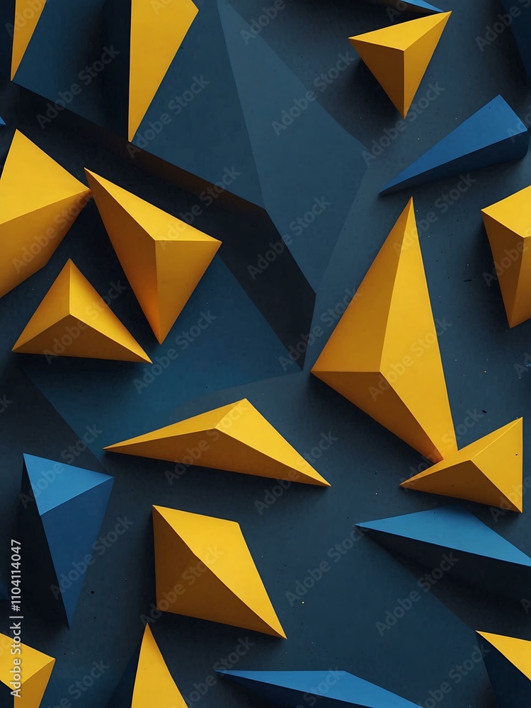 Poster abstract minimalist 3d design with yellow triangles on blue.