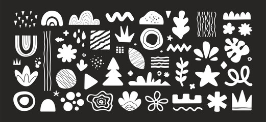 Obraz premium Vector set of hand drawn tropical plant leaf and abstract floral shapes silhouettes set. White color nature doodle set with geometric shapes for fashion pattern or children background