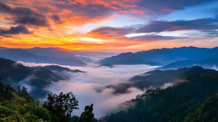 Obraz premium Majestic Sunrise Over Foggy Mountain Ranges