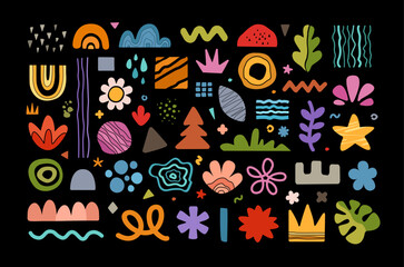 Set of hand drawn abstract floral shapes and doodle naure and tropical plants objects. Abstract contemporary collage or kids pattern. Doodle nature elements are isolated vector illustration