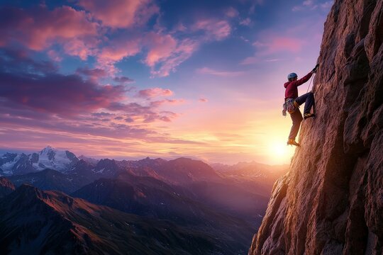 Fearless Climber Navigates Sheer Rock Face at Sunset, Overcoming Heights and Embracing the Thrill of Adventure in Majestic Mountain Landscape