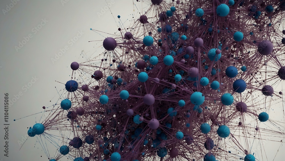 Poster abstract network of points and lines in blue and purple on white.