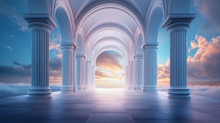 Fototapeta premium A Serene Infinite Corridor with Glowing Arches Leading into a Dreamlike Horizon Under a Soft Sunset Sky in Ethereal Atmosphere