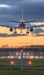 Fototapeta premium Airplane landing on runway at sunset.