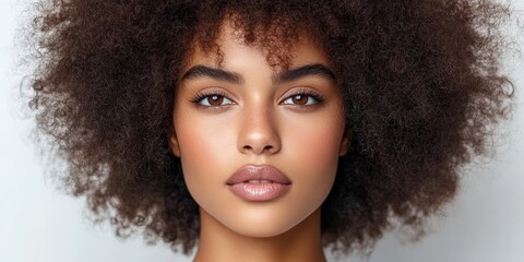Fototapeta premium A young woman with voluminous curly hair gazes confidently at the camera, exuding natural beauty and elegance, emphasizing strong and expressive facial features.