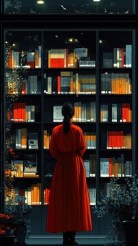 A contemplative Asian woman in a red dress gazes at colorful bookshelves, immersed in a world of literature.