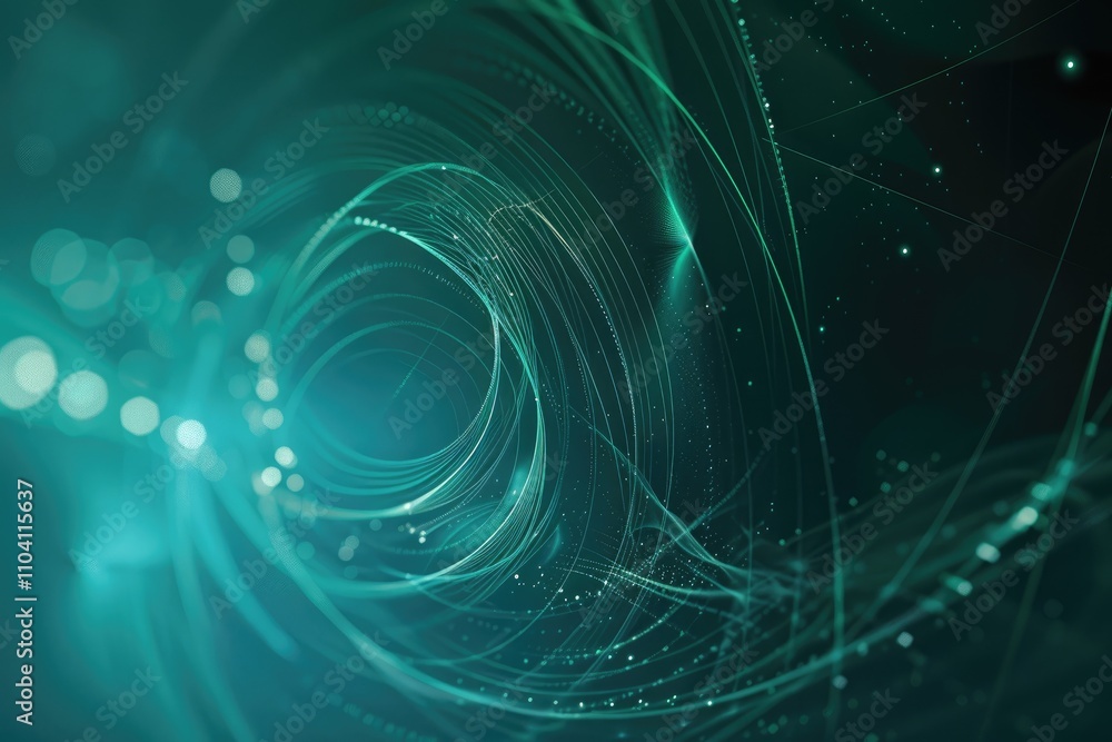 Poster abstract digital design featuring swirling lines and glowing particles in a teal color palette.