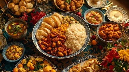 Obraz premium A vibrant multicultural Thanksgiving dinner, featuring African jollof rice, French quiches, and Japanese tempura alongside traditional Thanksgiving dishes,
