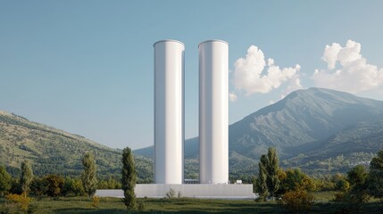 Fototapeta premium Two towering silos stand amidst a picturesque landscape of mountains and greenery, reflecting modern agricultural architecture.