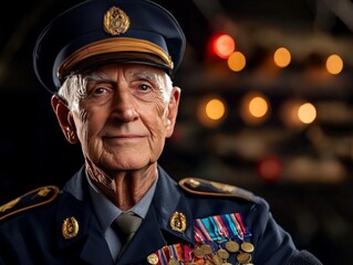 Obraz premium Portrait of a seasoned veteran soldier proudly displaying his military medals while dressed in formal uniform against a softly blurred background of warm lights.