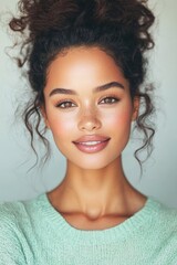 Naklejka premium Joyful young woman with her natural curly hair tied up, smiling warmly while wearing a cozy sweater, capturing her vibrant energy and modern charm.