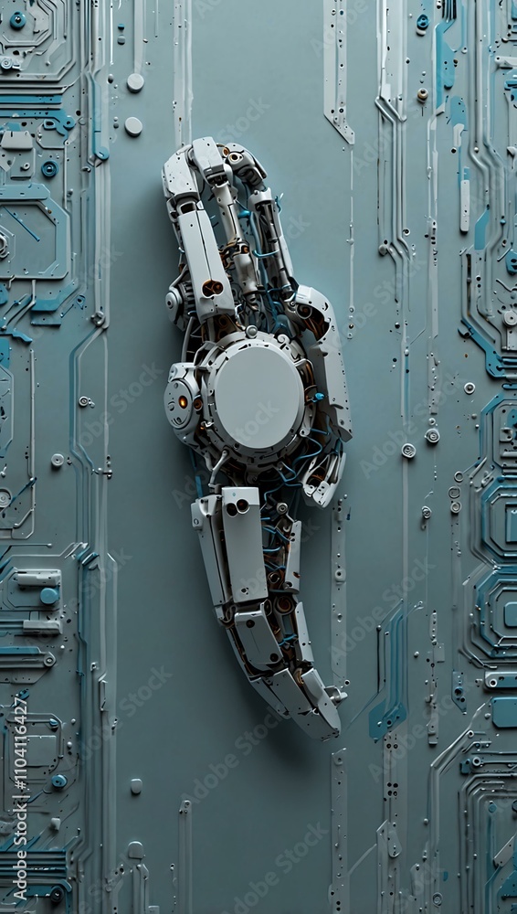 Poster abstract pattern featuring a robotic arm and technology chip on a light blue background.