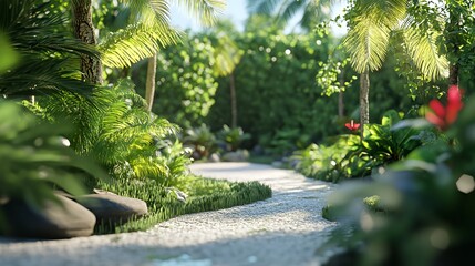 A serene garden pathway surrounded by lush greenery and vibrant flowers.