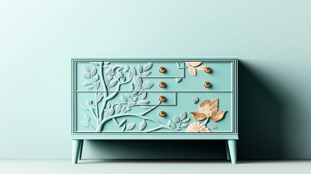Decorative teal chest of drawers with intricate botanical carvings and golden knobs against a matching background