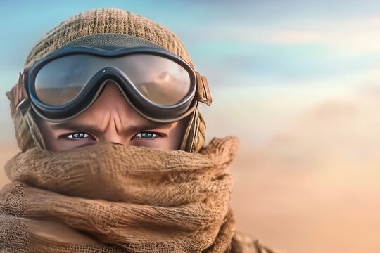 Soldier Shielding Face from Sandstorm with Protective Gear and Intense Gaze in Harsh Desert Environment