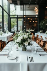 Fototapeta premium An elegantly arranged dining table in a stylish setting, featuring delicate floral centerpieces and fine tableware, ready for a sophisticated gathering or celebration.
