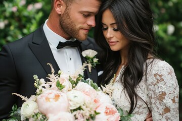 A bride and groom share an intimate moment with the bride holding a lush bouquet, set against a richly green garden backdrop, capturing love and celebration.