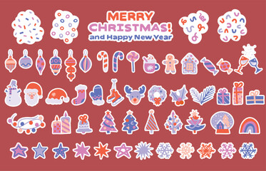 Christmas sticker set, New Year elements and winter holidays icons on red background
