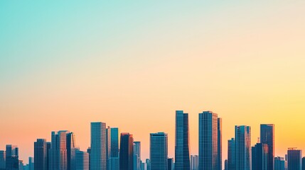 Fototapeta premium A skyline view at sunset, showcasing modern skyscrapers against a gradient sky of orange and blue hues.