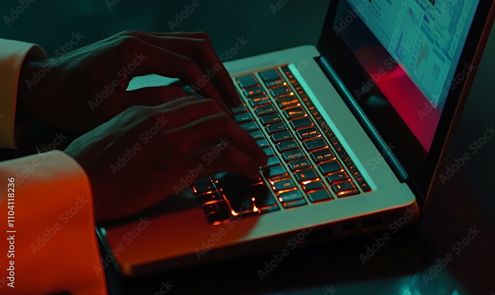 Poster close-up of hands typing on a laptop keyboard in a dimly lit room, glowing keys.