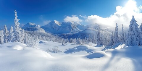 A breathtaking panoramic view of a snow-covered mountain landscape with clear blue skies, featuring dense forests and undulating snowdrifts in a serene winter setting