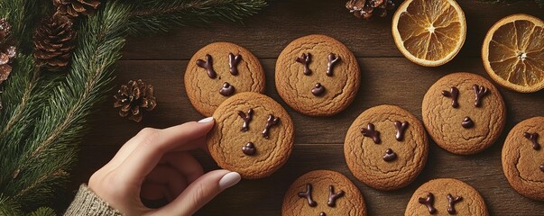 Obraz premium Hand decorating festive gingerbread cookies with chocolate chips