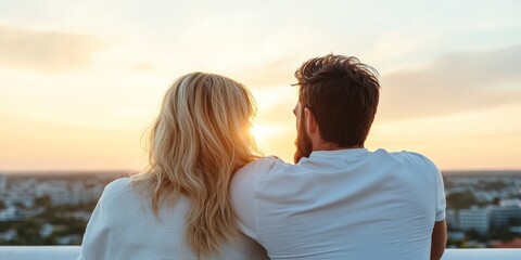 A couple shares a tender moment while seated on a rooftop at sunset, enjoying the warmth and beauty of the view, symbolizing companionship and tranquility.