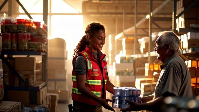Smiling young disaster relief worker handing water bottles to elderly man in dimly lit warehouse