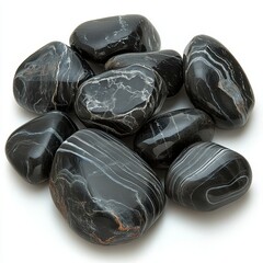 A clustered mound of polished onyx stones in deep black tones with occasional white bands naturally arranged on a seamless white background, Photorealistic