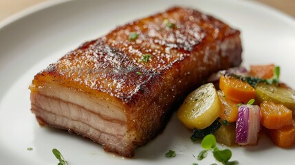  a white plate topped with a piece of pork belly and a variety of vegetables The pork belly is a golden-brown color, likely from being cooked in the oven, and the v
