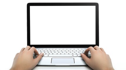 A laptop with a blank screen, hands typing, and plants on a white surface.