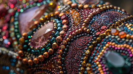 ** Close-Up of Colorful Beaded Embroidery with Intricate Patterns and Shimmering Gemstones in Vibrant Hues..**