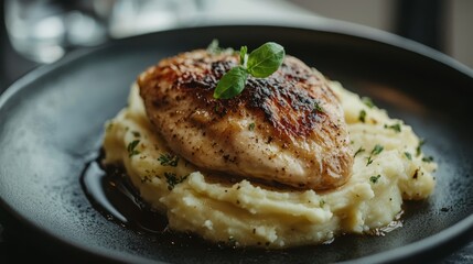  a black plate topped with a succulent chicken breast and creamy mashed potatoes The background is slightly blurred, giving the focus to the plate of food
