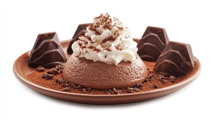  a delicious chocolate mousse topped with a generous dollop of whipped cream and sprinkled with cocoa powder The mousse is a rich, dark brown color and the whipped