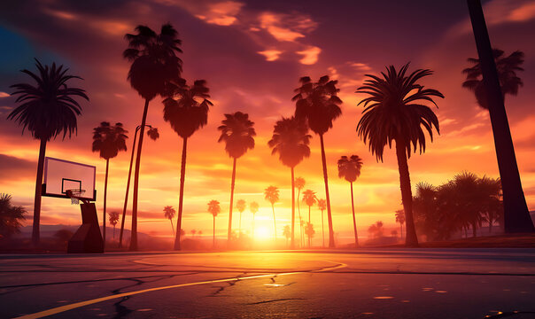 Sunset silhouettes palm trees on a tropical beach with a basketball in the foreground - Powered by Adobe