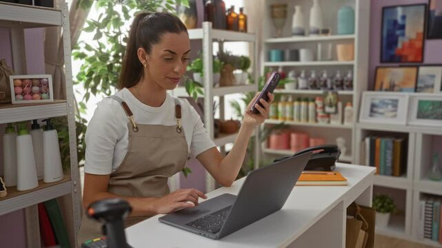Young woman working in a home decor store, holding a phone and using a laptop at a countertop surrounded by neatly arranged products and decorations
