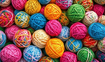 Colorful yarn balls in various hues.