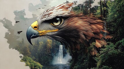 Fototapeta premium A fantasy-inspired Hawk Ridge, the ridgeline shaped like a hawk’s head with glowing jagged edges resembling feathers, a magical waterfall flowing from its eye,