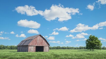 Obraz premium Serene Countryside Escape: Ultra-Detailed Photorealistic Image of Rustic Wooden Barn in Lush Green Meadows under Blue Sky with White Clouds