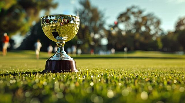 This bright trophy glimmers in the sun on the golf course as players compete nearby.