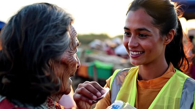 Young disaster relief worker offering aid to elderly woman in refugee camp during golden hour